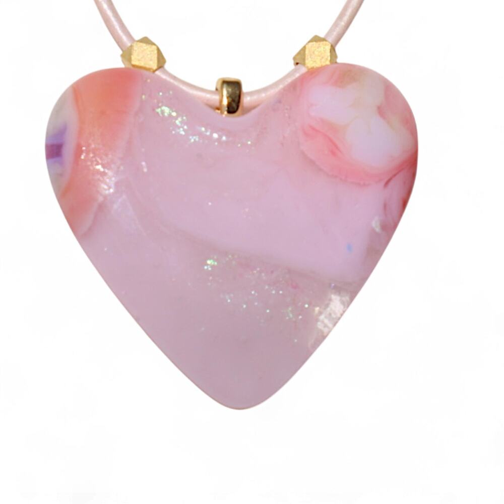 Pink Beauty Heart Pendant, Custom Glass Fused, Pink Metallic Leather Cord 20"